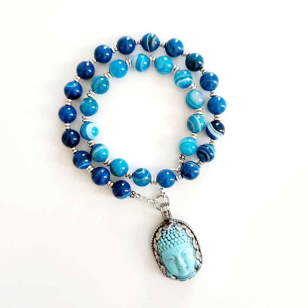 BLUE STRIPE AGATE NECKLACE W/ TURQUOISE BUDDHA--18"